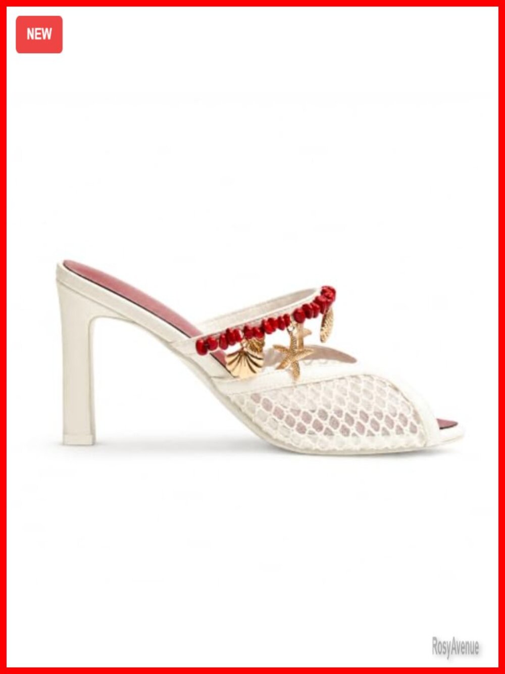 Women's Seashell Beaded Peep Toe Block Heel Mules Sandals Slip On Mesh